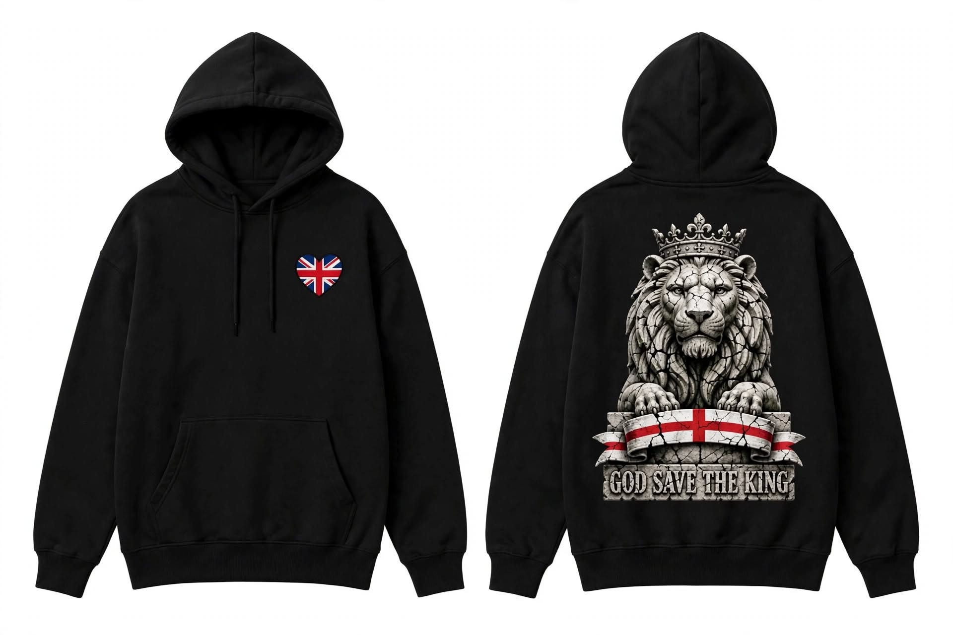 God Save The King hoodie — Union Jack heart on the chest, carved stone lion with crown print on the back