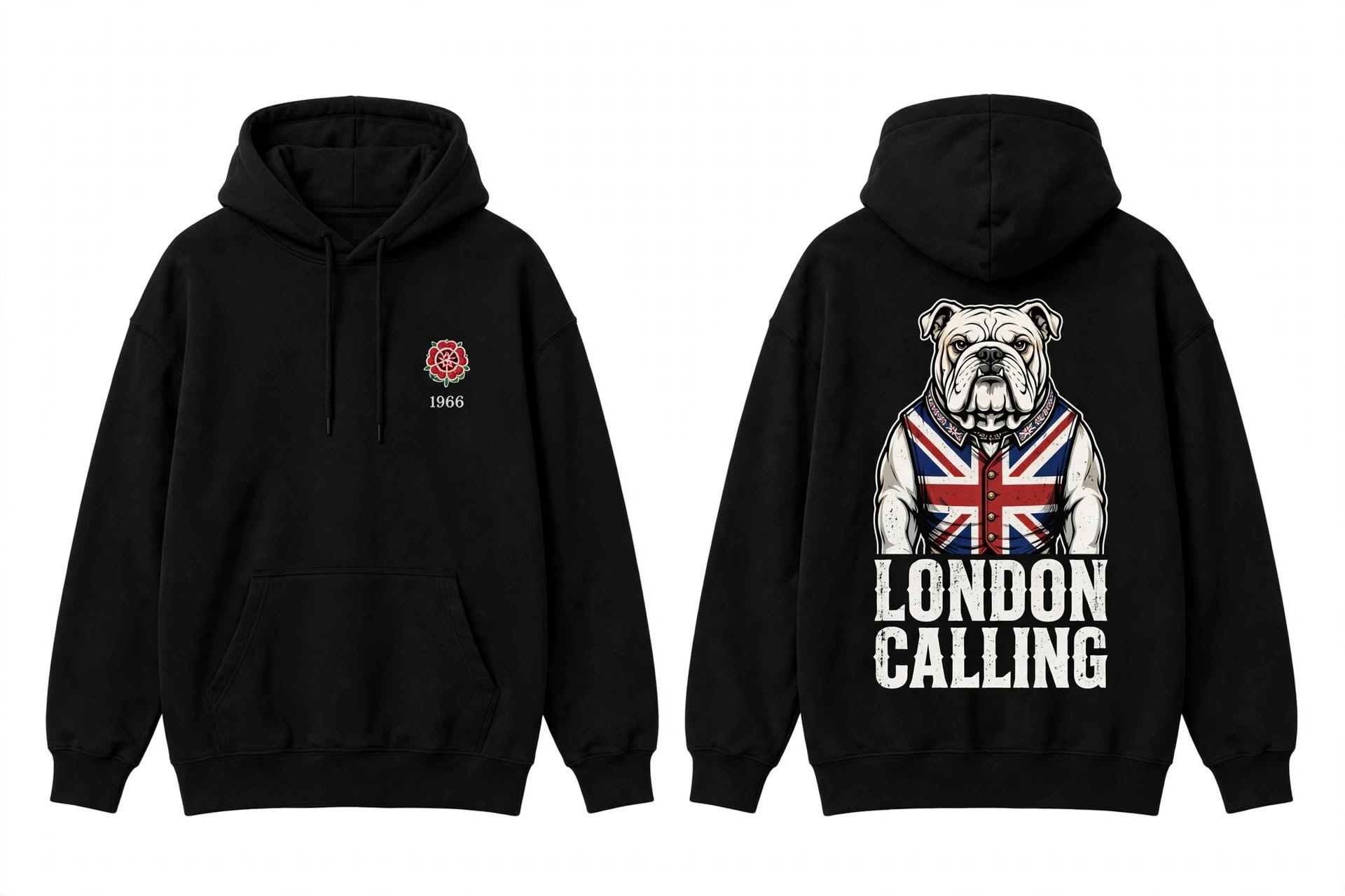 London Calling hoodie — Tudor rose 1966 on the chest, bulldog in a Union Jack waistcoat on the back