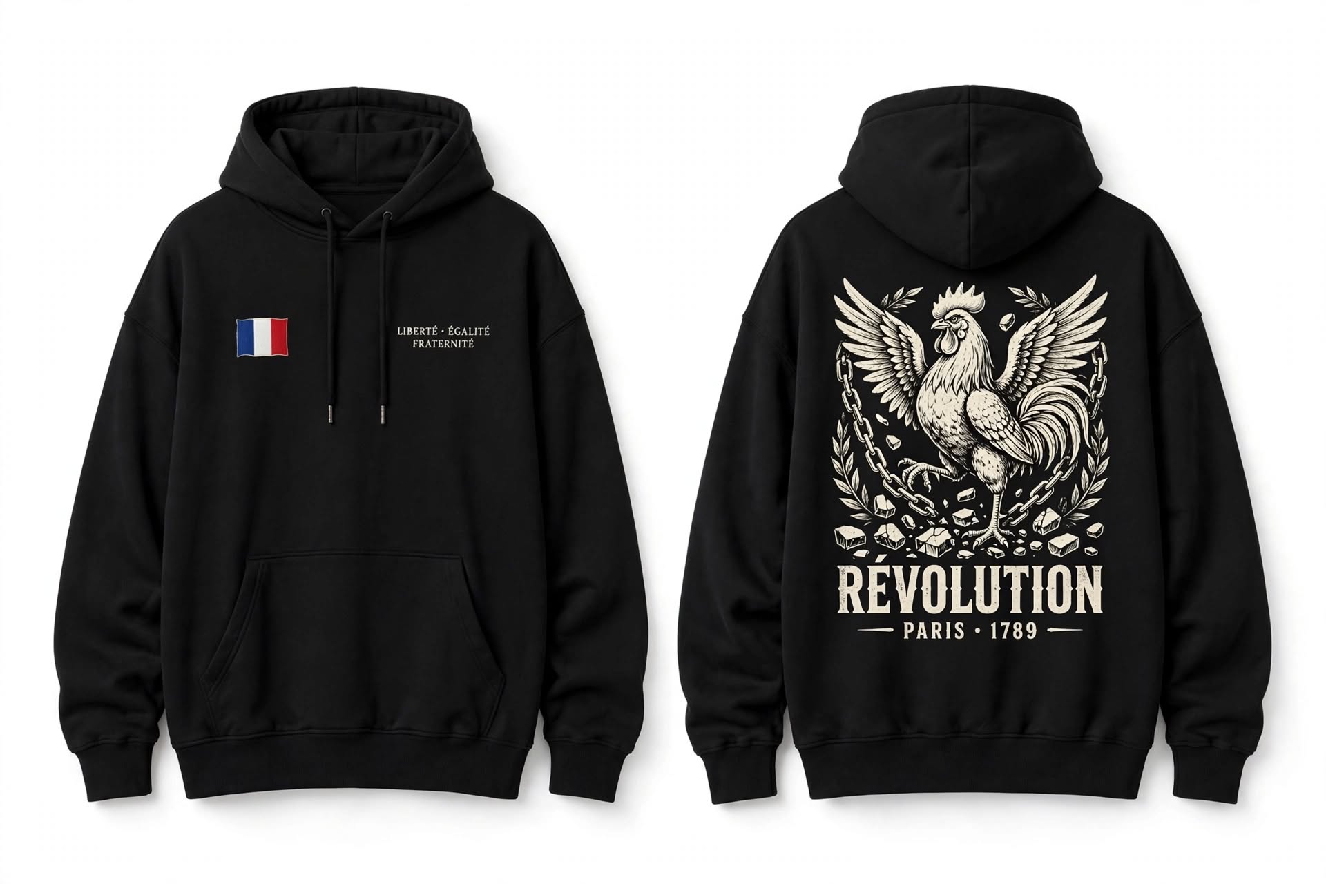 Révolution Paris 1789 hoodie — French flag and Liberté Égalité Fraternité on the chest, rooster breaking chains on the back