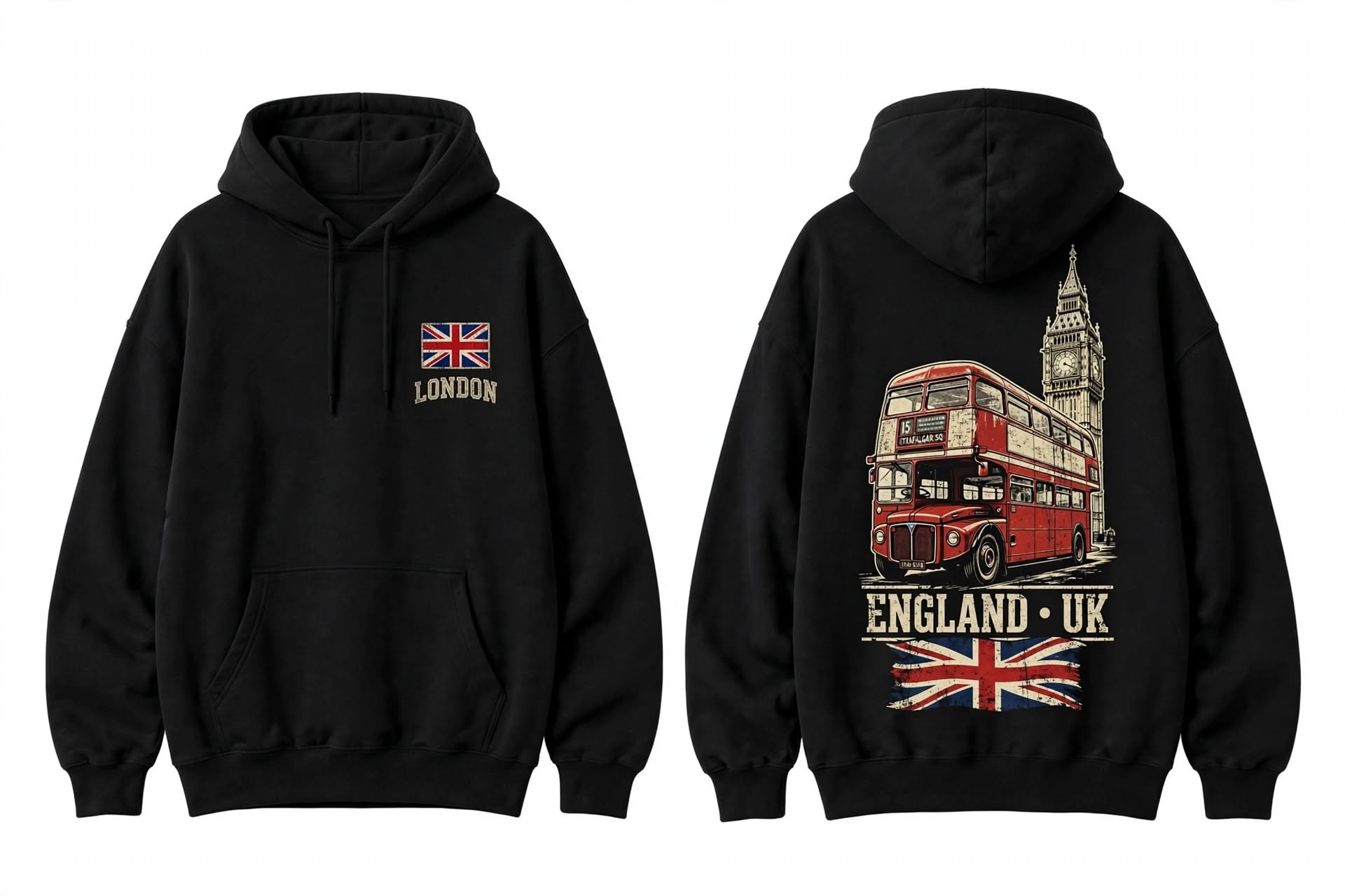 England UK hoodie — Union Jack London chest mark, vintage double-decker bus with Big Ben on the back