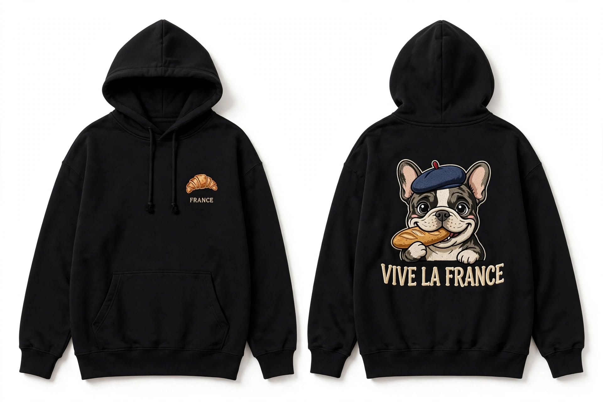 Vive La France hoodie — croissant chest mark, embroidered French bulldog with a baguette on the back
