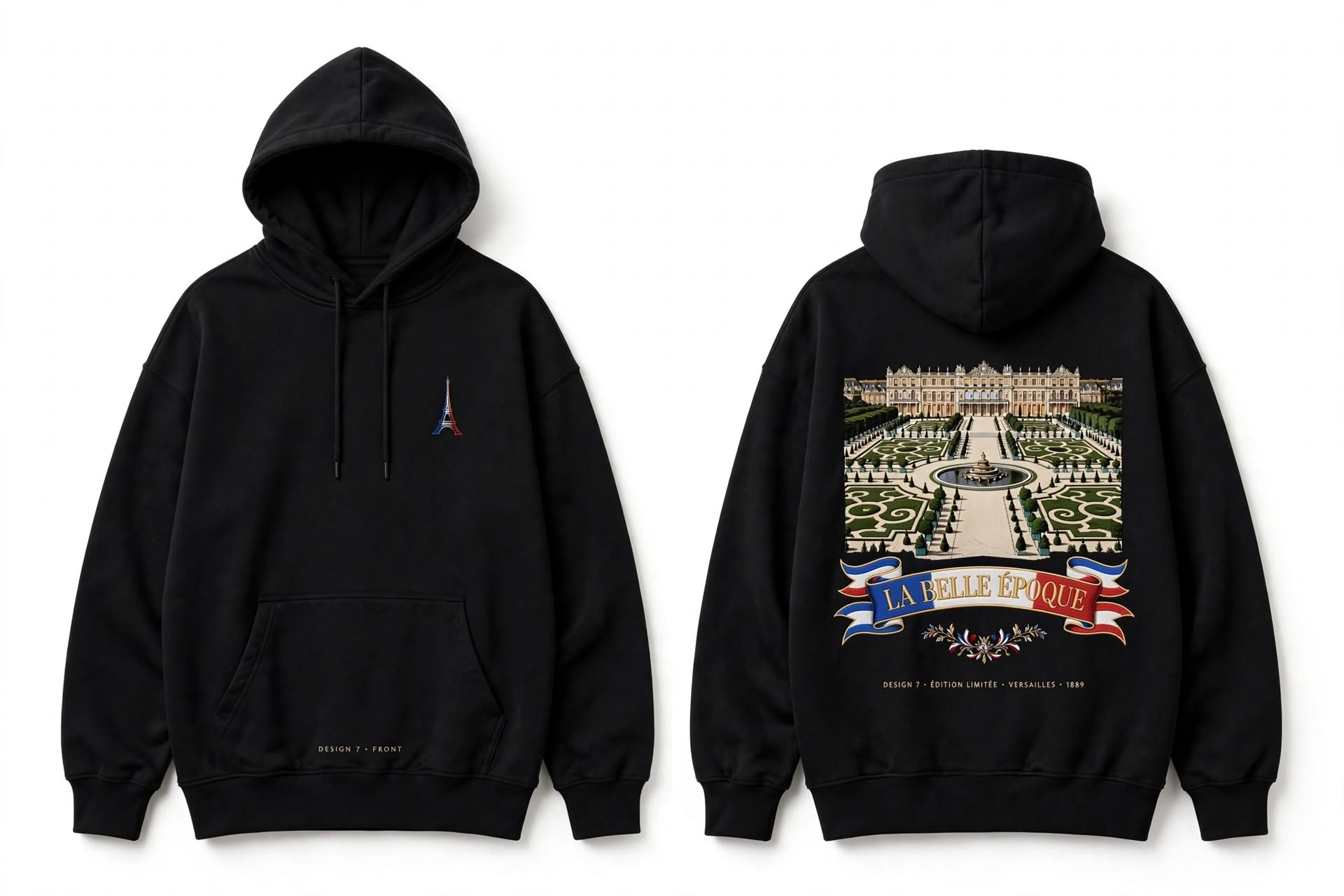 La Belle Époque hoodie — Eiffel Tower chest mark, Versailles palace gardens with tricolore banner on the back