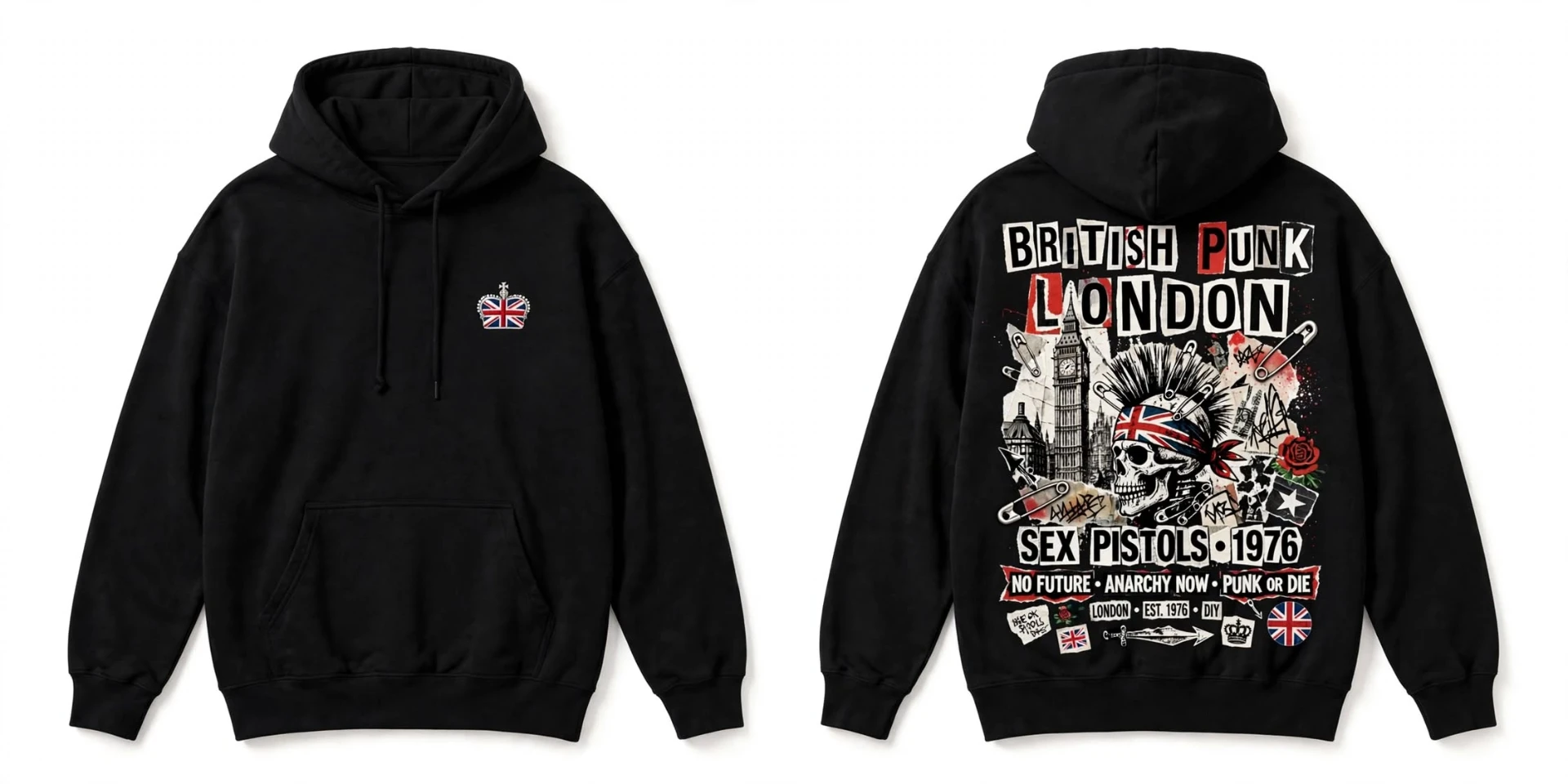 British Punk London 1976 hoodie — Union Jack crown on the chest, punk collage with skull and Big Ben on the back
