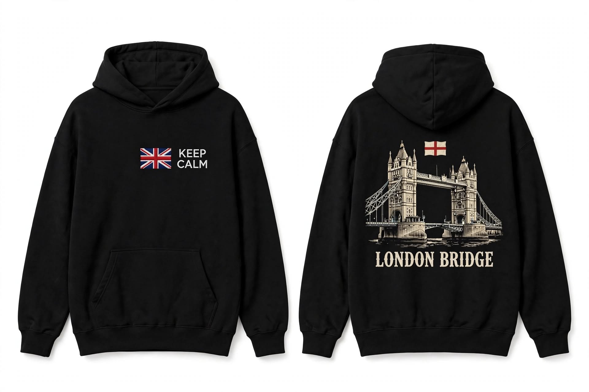 Keep Calm hoodie — Union Jack flag with Keep Calm on the chest, Tower Bridge engraving on the back
