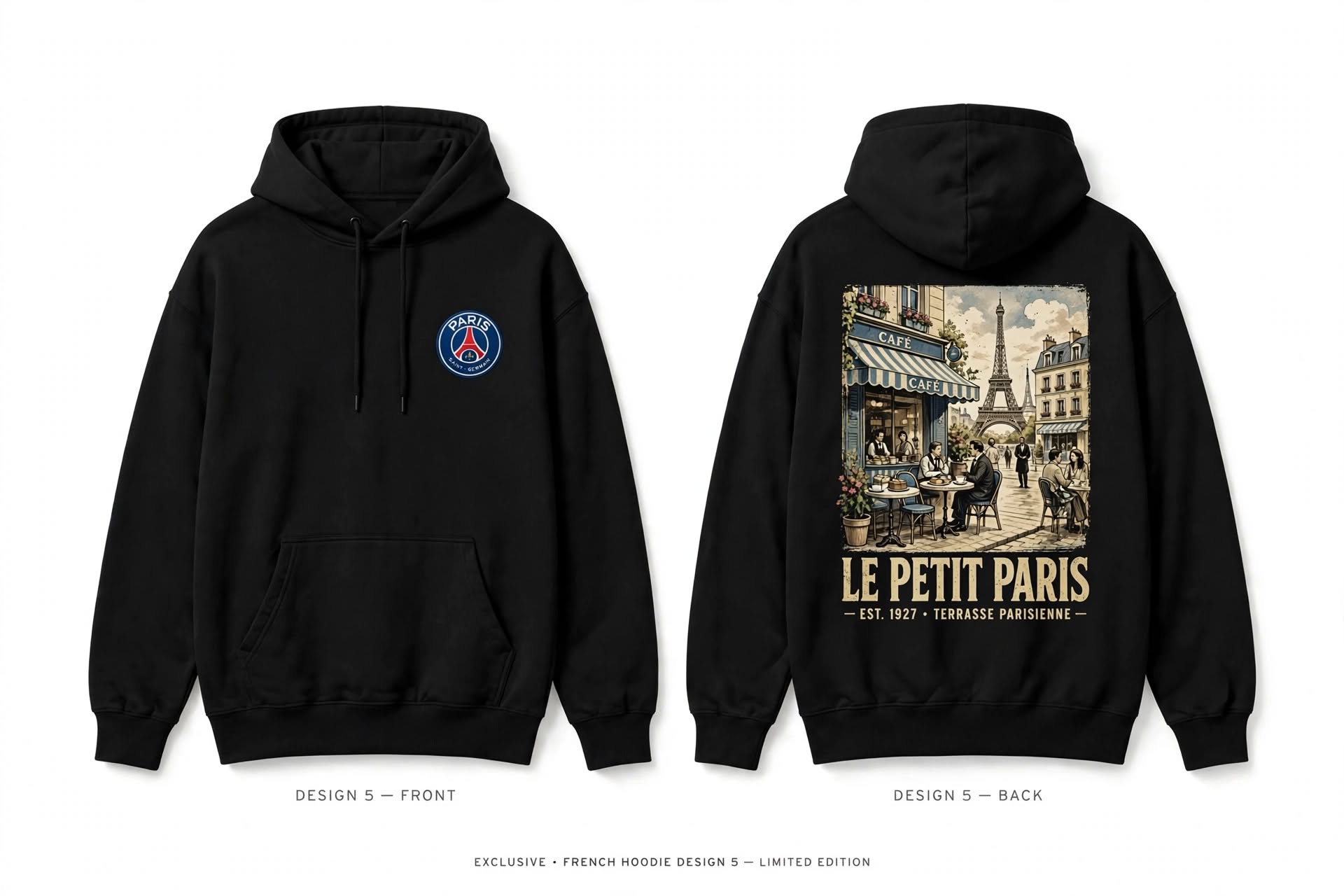 Le Petit Paris hoodie — Paris FC-style crest on the chest, vintage café terrace scene with the Eiffel Tower on the back